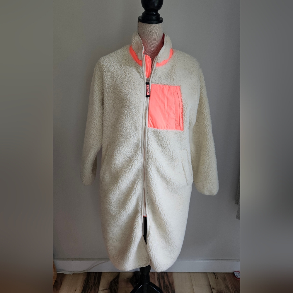 Cozy Cream Sherpa Jacket with Neon Orange Pink  Accents